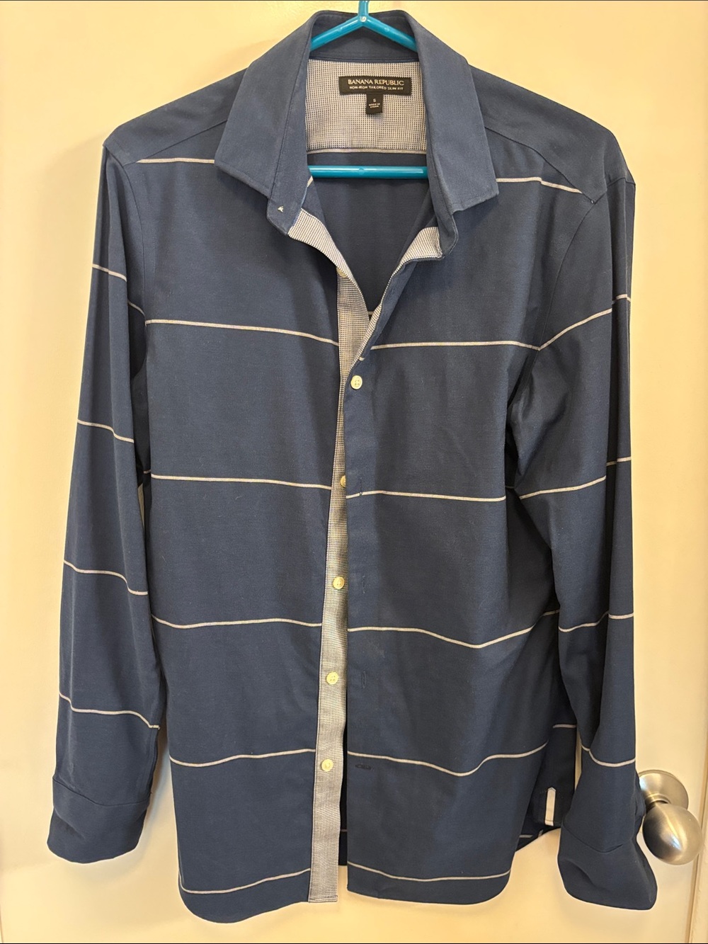 Banana Republic Men’s Blue Button-Down Shirt with White Stripes